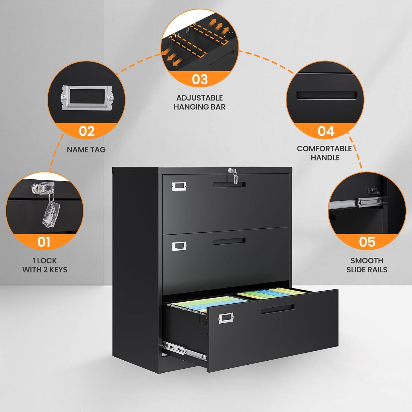 3 Drawer File Cabinets for Home Office, Office Storage Caninets Steel Cabnet for Letter/Legal/A4/F4-Assembly Required