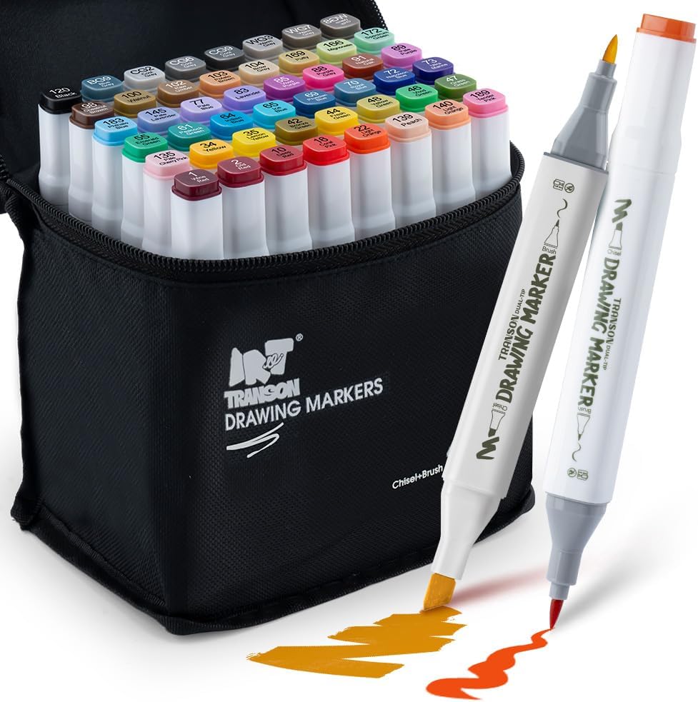 TRANSON Alcohol Markers for Drawing Coloring 48 Colors Dual-tip Chisel and Brush Tips