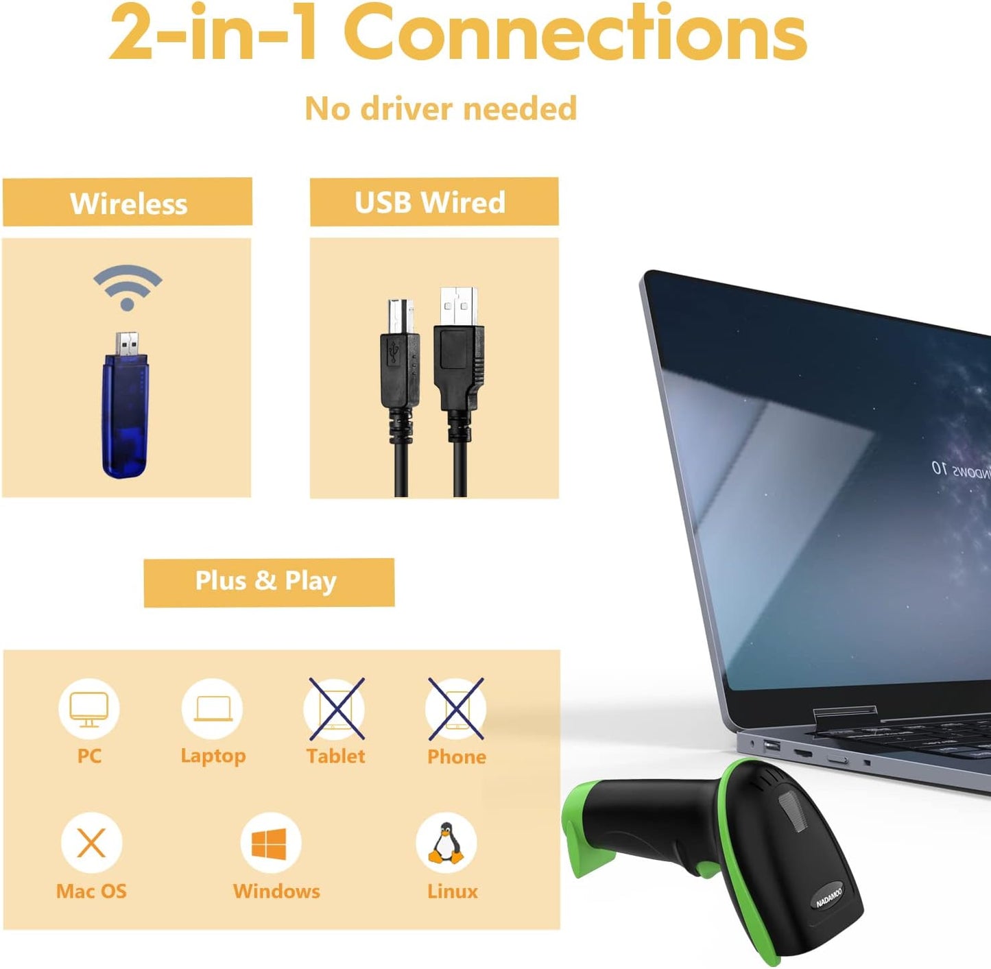 NADAMOO Wireless Barcode Scanner 328 Feet Transmission Distance USB Cordless 1D Laser Automatic Barcode Reader Handhold Bar Code Scanner with USB Receiver for Store, Supermarket, Warehouse - Green