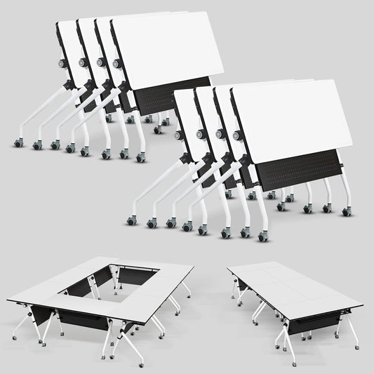 Conference Table, Folding Conference Room Tables, Mobile Training Tables with Silent Wheels, Large Rectangular Modular Seminar Table Office Computer Desks for Classroom White (8Pack L55.1in)