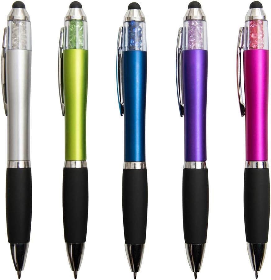 MiSiBao Stylus Pens for Touch Screens, Medium Point Pens with Crystals for Women and Kids Black Ink Pen with Stylus Ballpoint Pens with Comfort Grip for The Ipad (Style-5 Count+3 Refills)