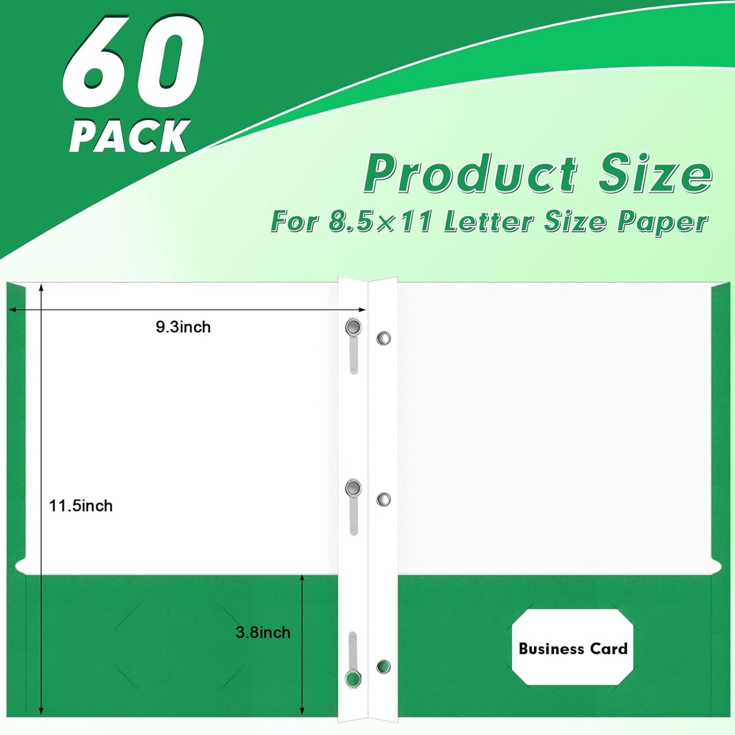 Two Pocket Folders, PANDRI 60 Pack Two Pocket Folders with Prongs, 3 Prong Folders Designed for Office and Classroom, Letter Size Green