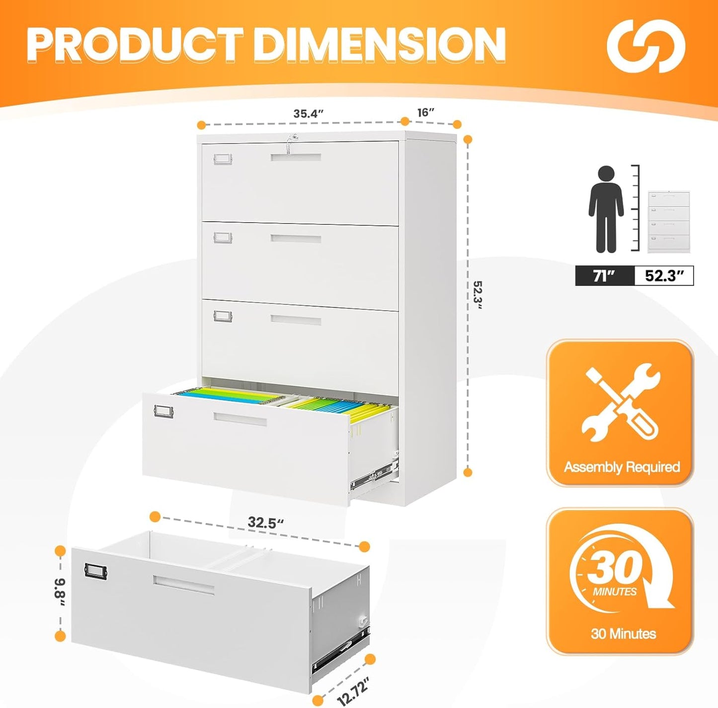 4 Drawer File Cabinets for Home Office, Metal Filing Cabinet with Lock, White Locking File Caninet Four Drawer, Office Storage Caninets Steel Cabnet for Letter/Legal/A4/F4-Assembly Required