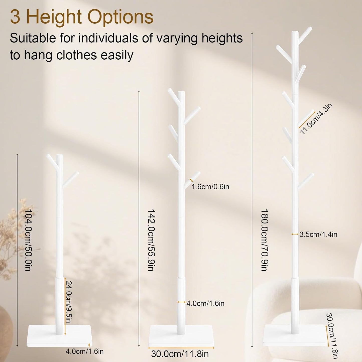 Coat Rack Freestanding with Stable Square Base for Cloathes, Hat, Used in Bedroom, Office and Entryway, Sturdy and Easy Assembly Coat Tree with 3 Adjustable Sizes and 8 Hooks, White