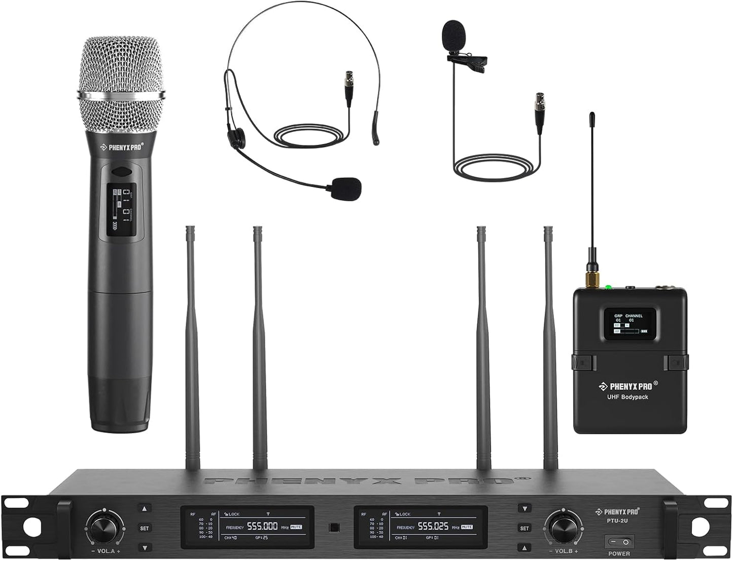 Phenyx Pro Wireless Microphone System, True Diversity Dual Cordless Microphone Set w/UHF Handheld/Bodypack/Headset/Lapel Mics, Auto Scan, 2x1000 Channels for Stage & Studio (PTU-2U-1H1B)