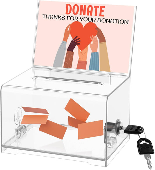 Clear Donation Box with Lock & Sign Holder, Versatile for Fundraising, Ballot Voting, Suggestions, and Tips Jar, Secure Storage Design, Size 6.2x4.6x4.0 Inch, Clear 1 Pack