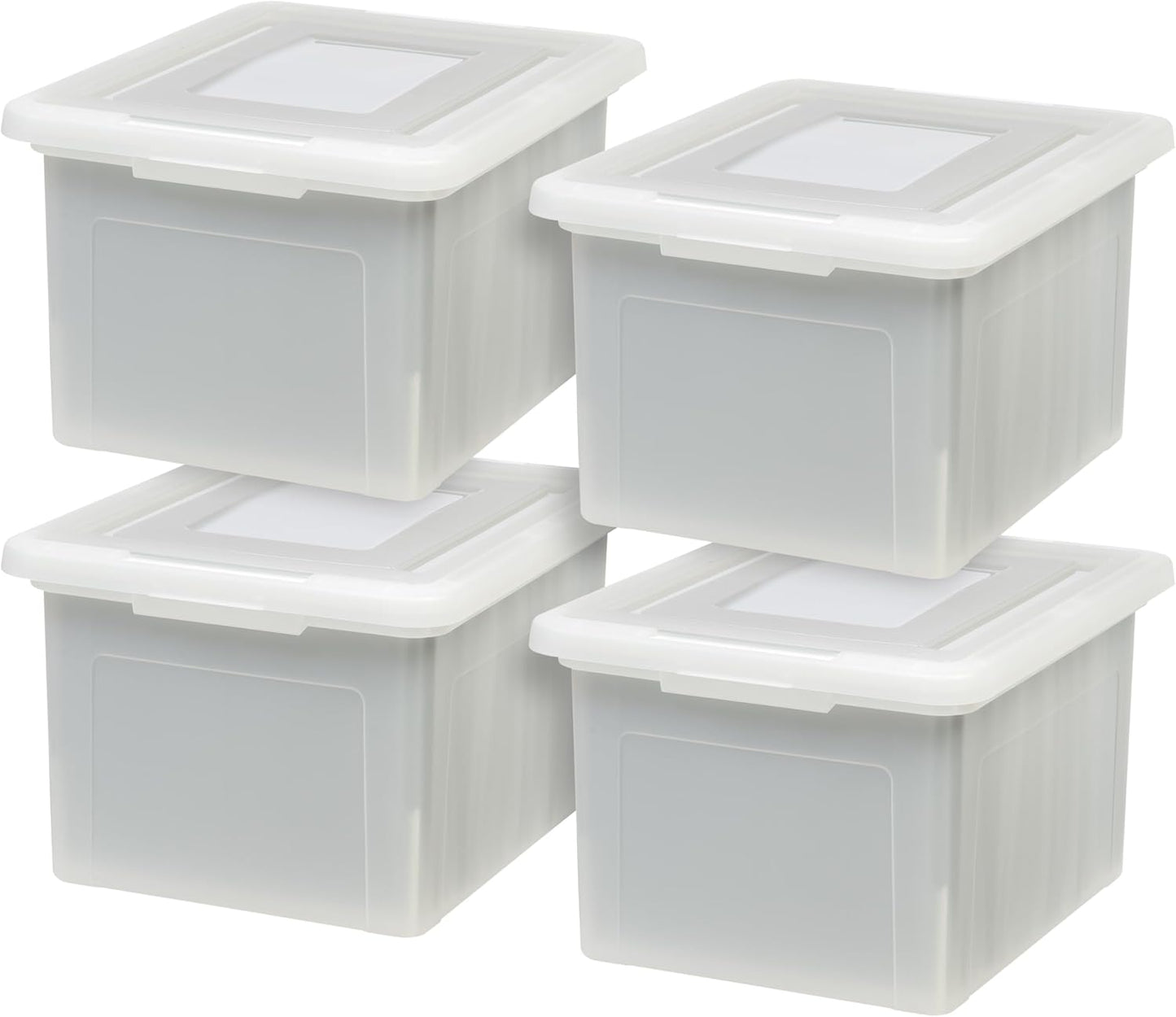 IRIS USA File Box, Plastic File Organizer with Lids for Letter/Legal File, Portable Document Box For Moving, Storage Bin with Durable and Secure Lid, Stackable Nestable BPA-Free, Pearl 35 Qt. 4 Pack