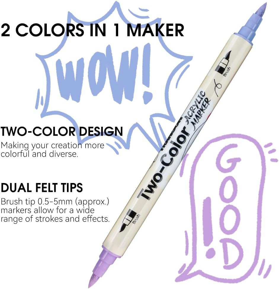TRANSON 48 Colors Acrylic Paint Marker Set, 24 Pieces of Dual-color Acrylic Paint Pens with Brush Tips Versatile for Craft Painting, Drawing, Rock Painting, DIY, Paint on Most Surfaces
