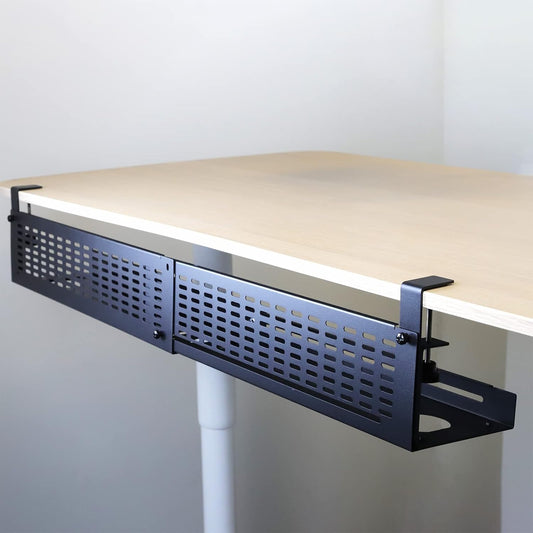 AEONS Under Desk Cable Management Tray Kit - Horizontal Adjustable up to 41” Removable C Clamp Mount Reversible Computer Cord Raceway and Modesty Panel for Large Desk, Black