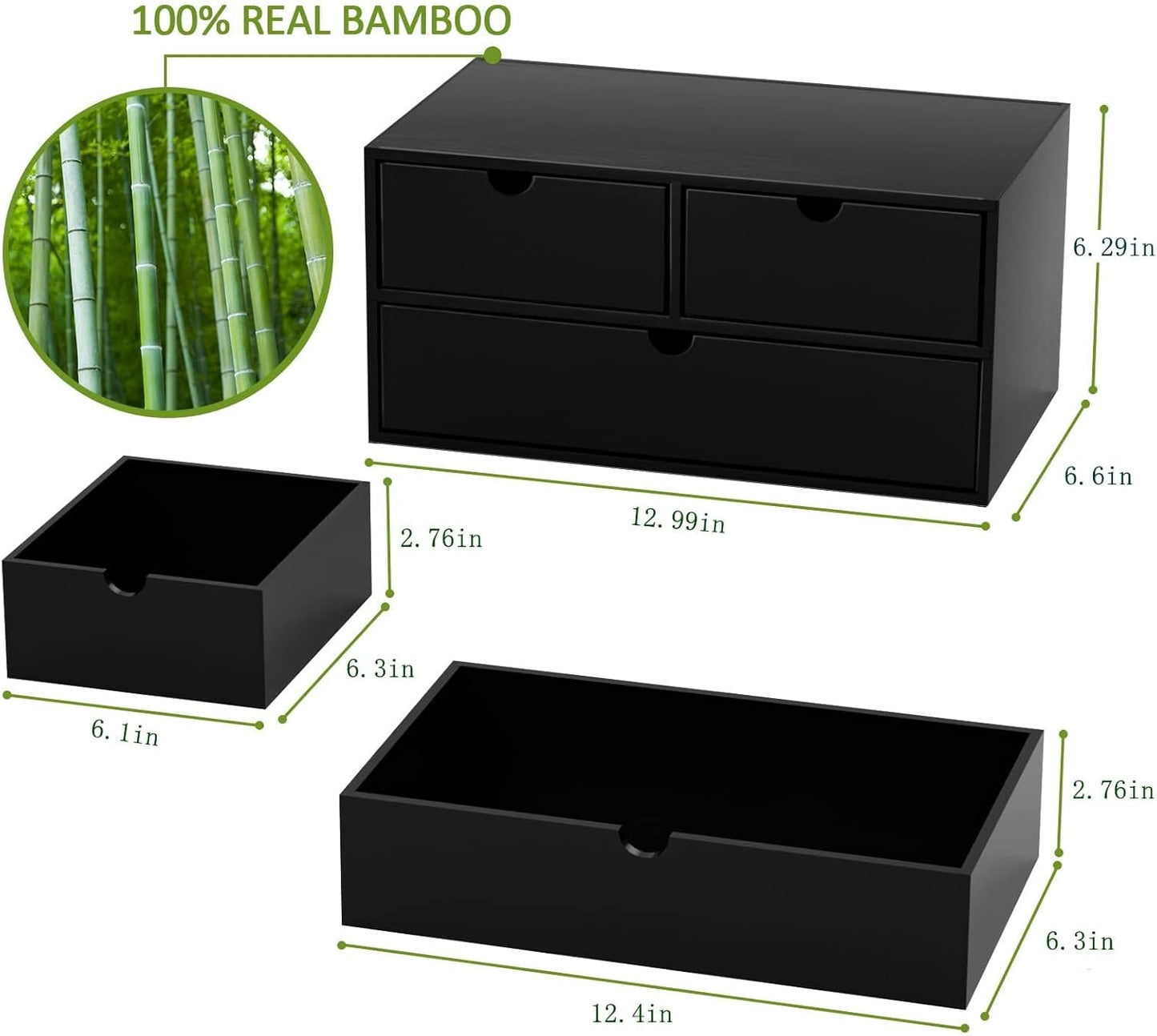 Wisuce Bamboo Desk Organizer - Mini Bamboo Desk Drawer Tabletop Cosmetic Storage Organization for Office or Home Black