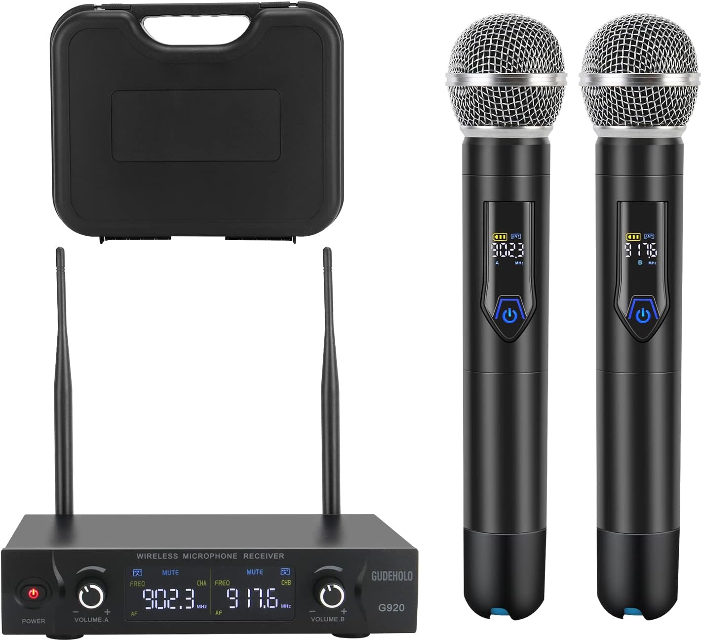 Wireless Microphone System with case, Metal UHF Dual Handheld 20 Channels Professional Cordless Mic System for Church, DJ, Karaoke,Wedding, Home KTV Set