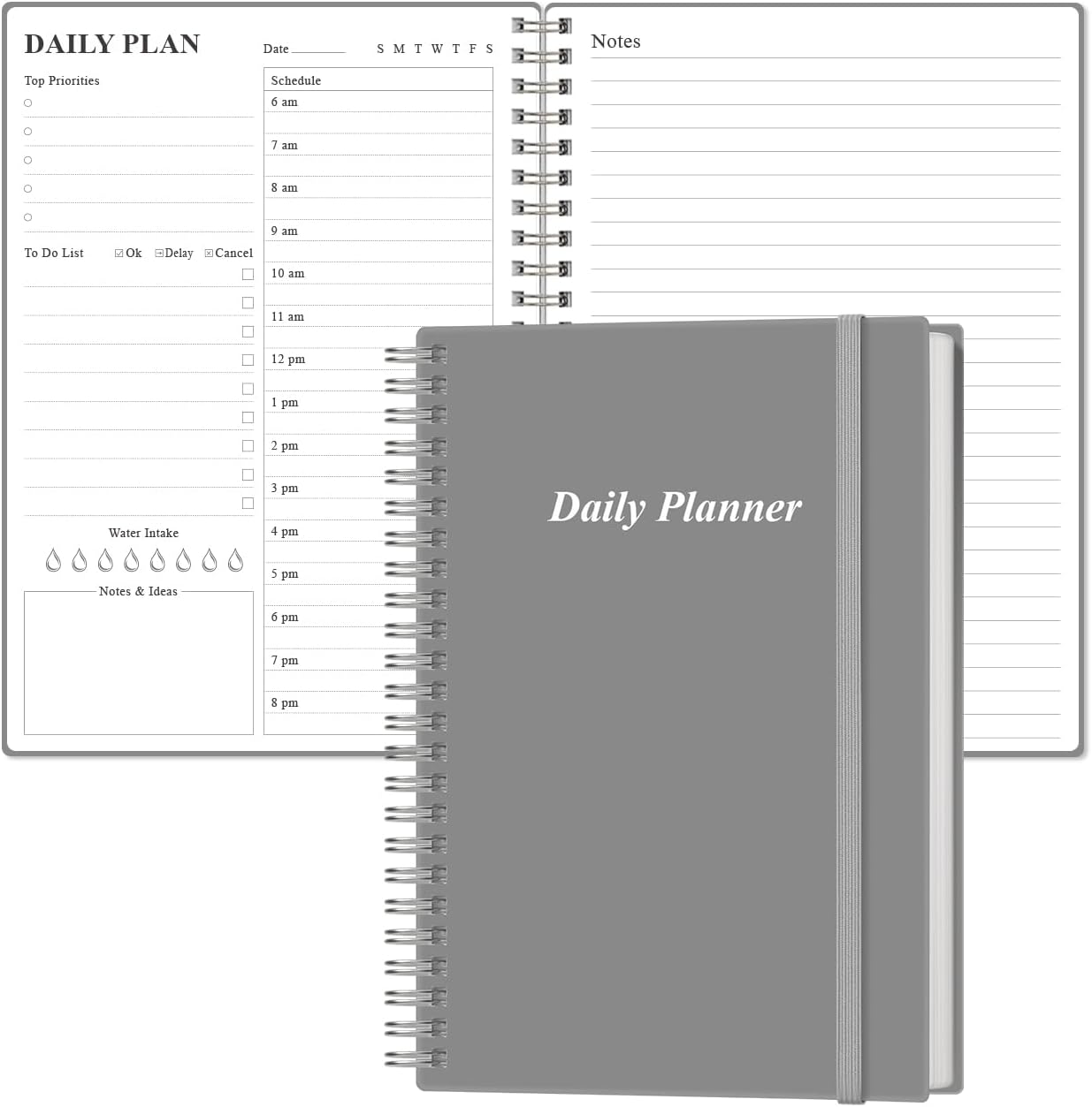 Daily Planner Undated - A5 To Do List Notebook Hourly Schedules, Spiral Appointment Planner for Women and Men, PVC Hardcover, Inner Pocket, Elastic Closure, 5.8" x 8.3", Grey