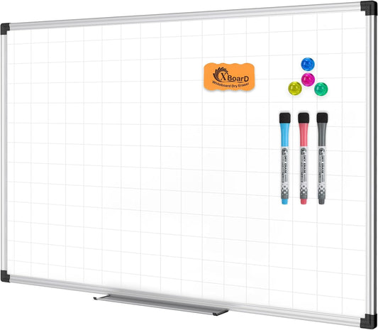 XBoard Magnetic Dry Erase Whiteboard with Lines 36 x 24 Inch, 3' x 2' Double Sided Hanging White Board Planner for Wall | Grid Lined White Board + Message Presentation Board