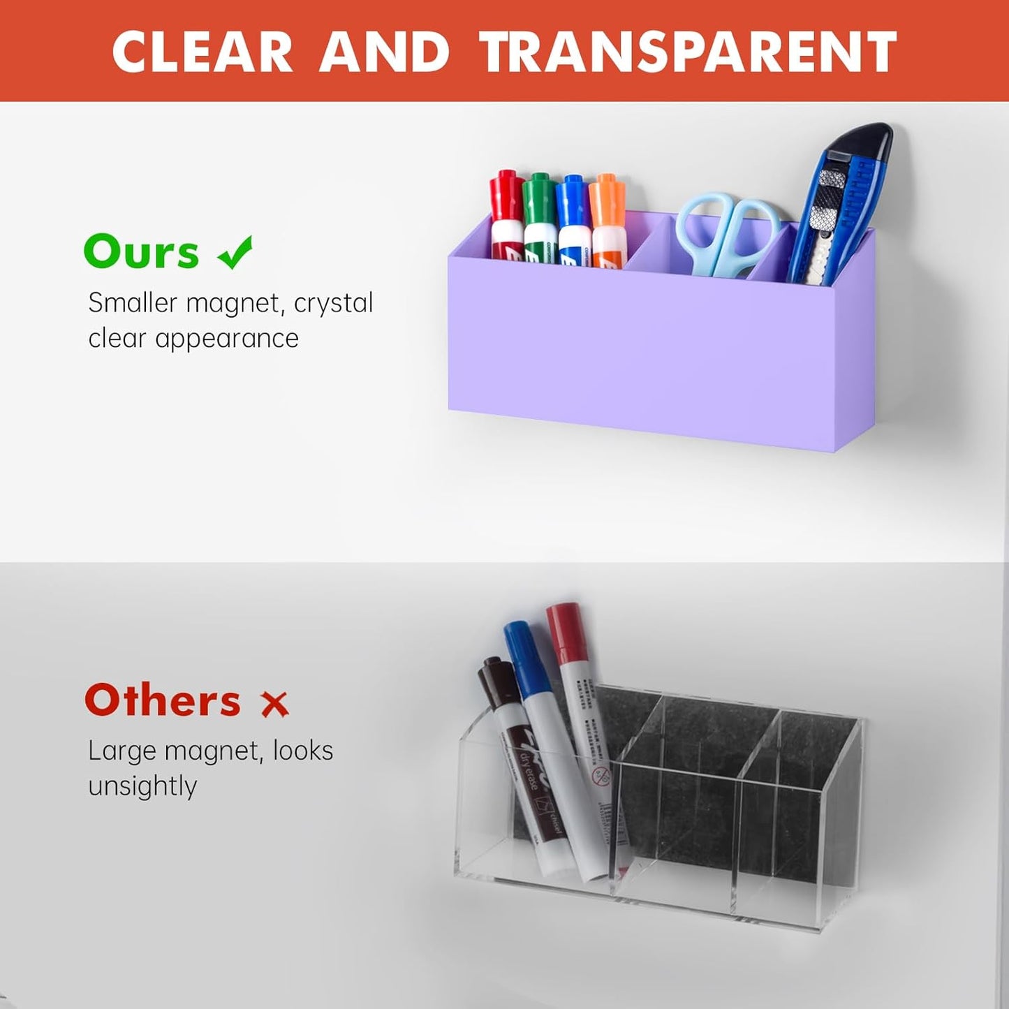 Magnetic Dry Erase Marker Holder, Acrylic Magnet Pen Holder for Whiteboard, Refrigerator, Magnetic Fridge Organizer for Office, Classroom, Whiteboard Maker Holder, Locker Organizer-Purple