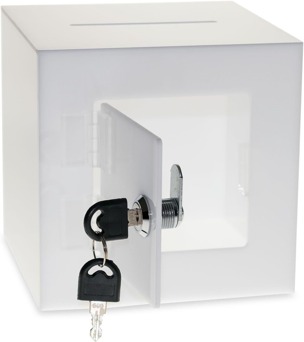 Source One Premium Acrylic Cube Donation Box with Deluxe Rear Open Door and Cam Lock Suggestion Box (10 Inch, White)