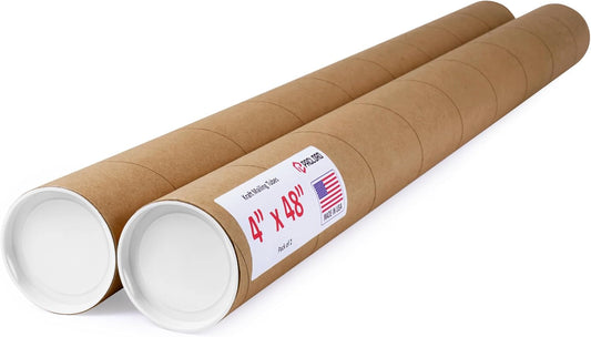 4" x 48" Reinforced Kraft Paper Mailing Tube, Pack of 2 Tubes with 2 Caps Each – USPS Approved Poster Tube – Made in USA Cardboard Tube for Shipping and Storing Posters, Prints, Artwork, or Documents
