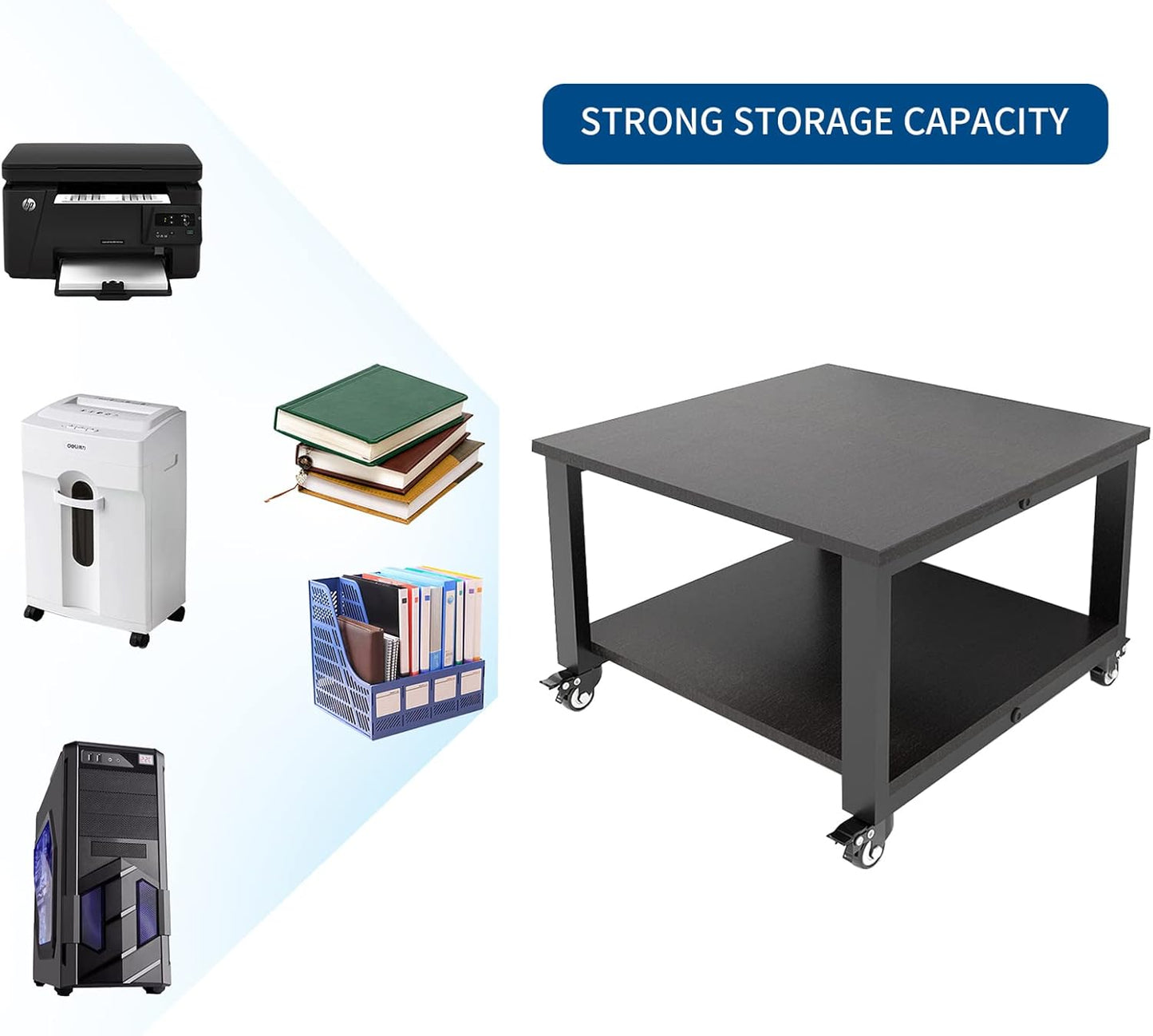 Natwind 2 Tiers Office Movable Laser Printer Copier Stand Cart Under Desk Heavy Duty Dark Brown Rolling Table with Storage Floor-Standing Holder on Wheels Fax Paper Organizer Shelf for Home (Black)