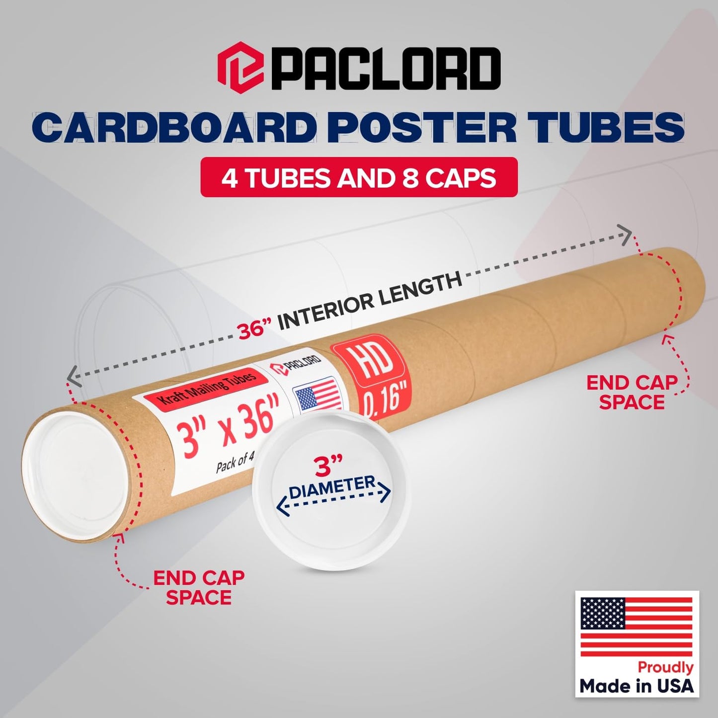 3" x 36" Heavy-Duty Reinforced Cardboard Mailing Tube, Pack of 4 Tubes with 8 Caps – Secure USPS Approved – Great for Shipping and Storing of Prints, Artwork, Posters or Documents