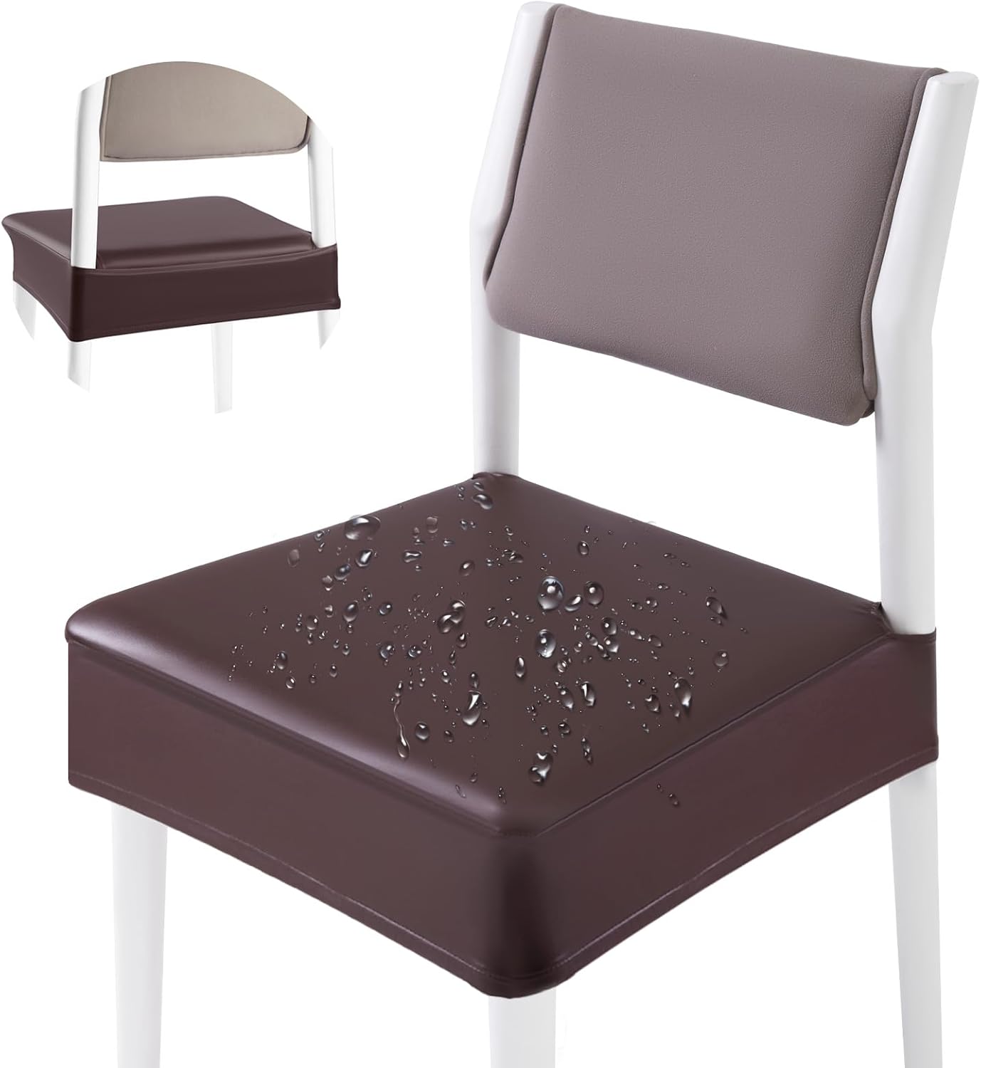 CWK Waterproof PU Leather Dining Chair Covers Set of 2-Stretchable Chair Seat Slipcovers, Removable & Washable Protector for Dining Room,Home,Office,Wedding,Rear Covers (PU-Coffee)