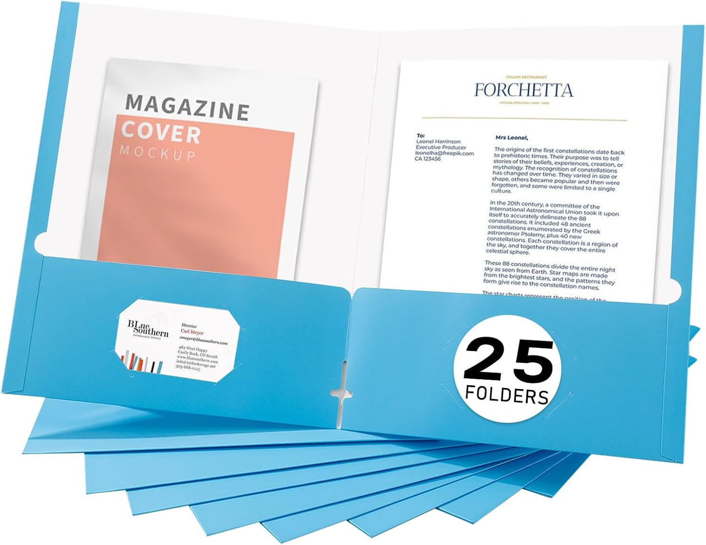 Zzrywuty File Folders with Pockets Letter Size, 25-Pack Paper Folders with Card Slot, Two Pocket Folders for School Students, Businessmen, Home and Office Workers（Light Blue）