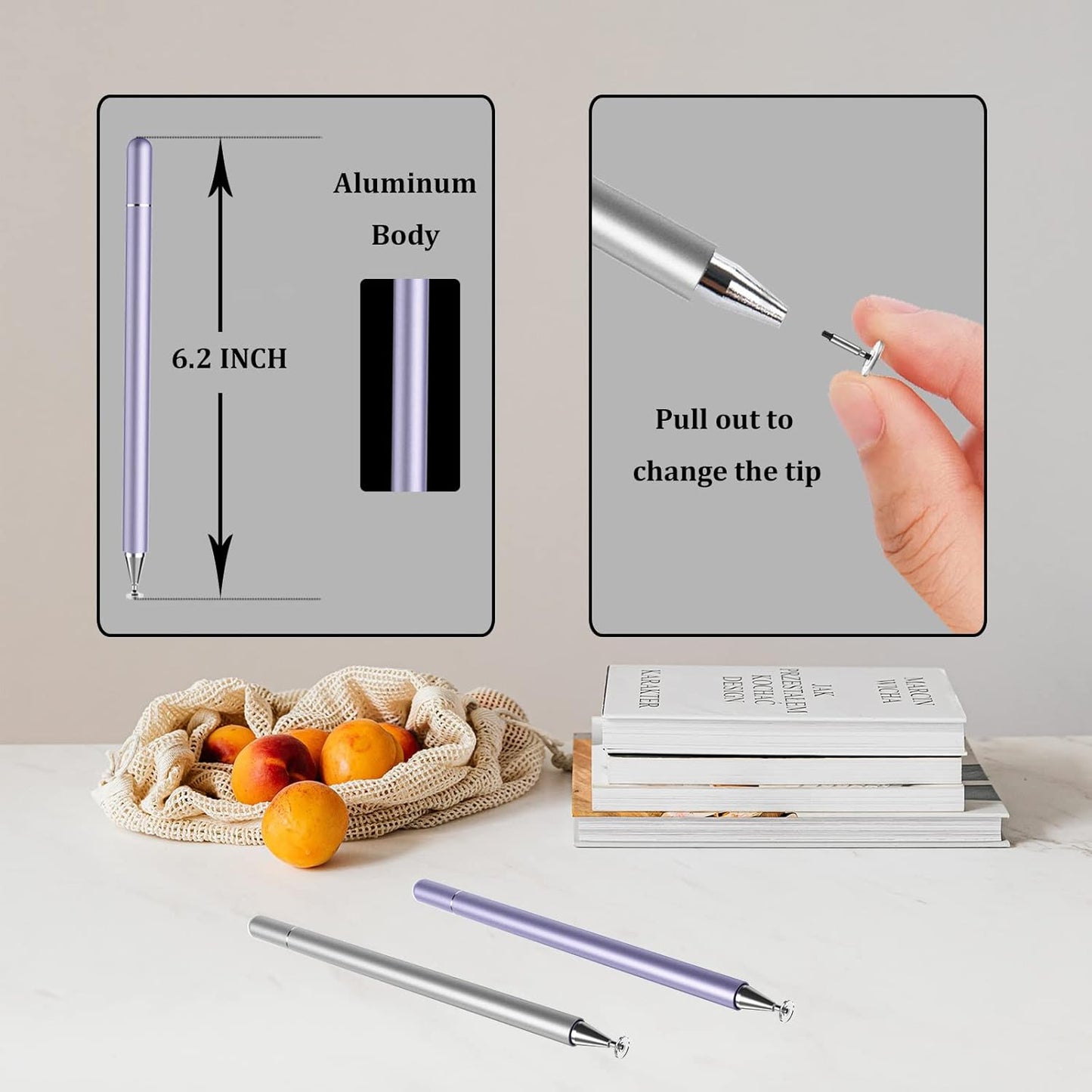 Stylus Pen for iPad, LUNTAK Stylus Pens for Apple/iPhone/Ipad pro/Mini/Air/Android/Microsoft/Surface All Capacitive Touch Screens Universal with 4 Replacement Tips (2 Pcs, Purple and Silver)