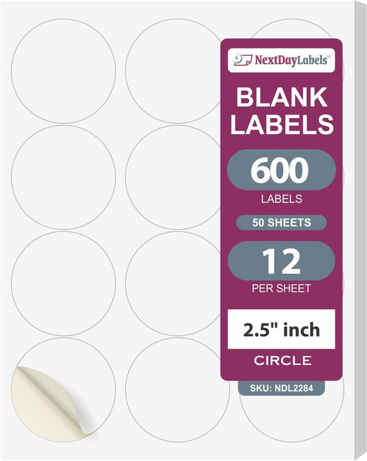 NextDayLabels 2.5 Inch Round Stickers for Printer - Matte White Blank Laser/Inkjet Printer Labels - Circle Stickers (50 Sheets, 720 Labels)