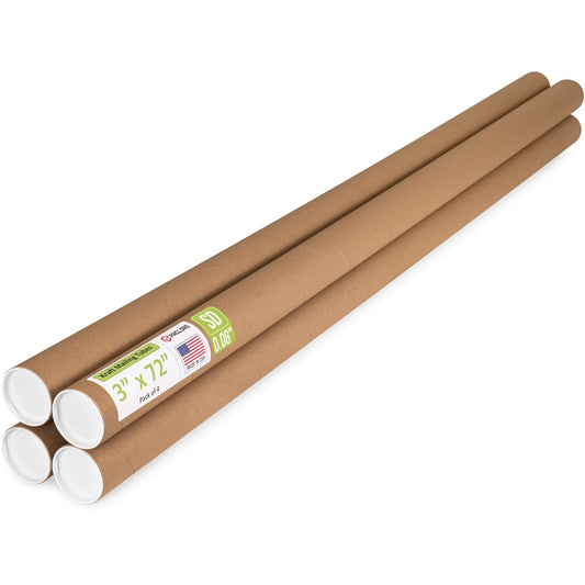 3" x 72" Reinforced Kraft Paper Mailing Tube, Pack of 4 Tubes with 8 Caps – Secure USPS Approved Poster Tube – Cardboard Tube for Shipping and Storing Posters, Prints, Artwork, or Documents