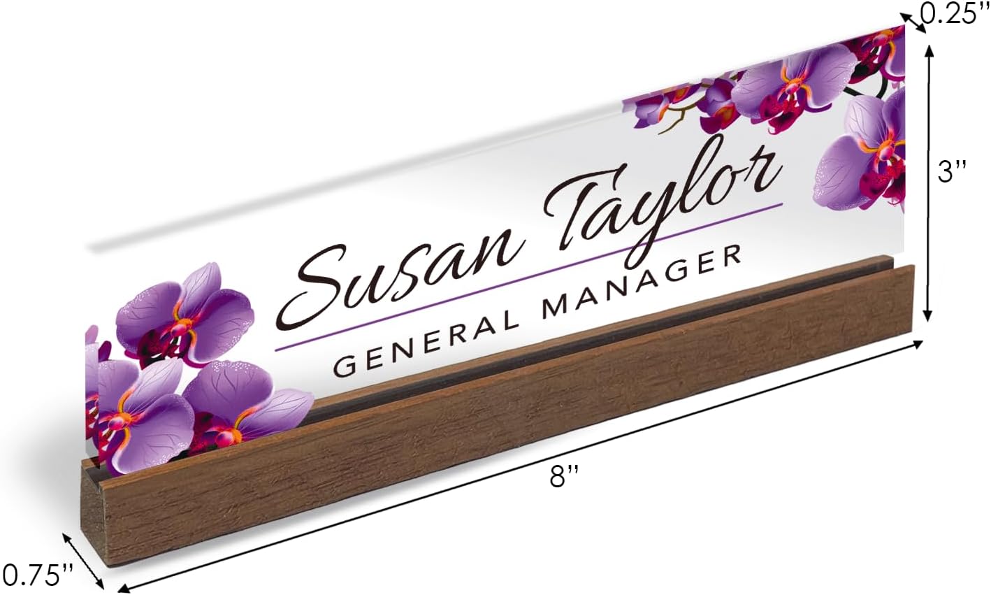 Artblox Personalized Office Desk Name Plate and Business Card Holder | Clear Acrylic Glass with Teak Wood Stand | Purple Orchids Design Customized with Your Name and Credentials Office Desk Decor
