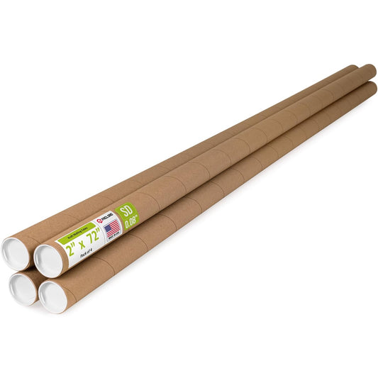 2" x 72" Reinforced Kraft Paper Mailing Tube, Pack of 4 Tubes with 8 Caps – Secure USPS Approved Poster Tube – Cardboard Tube for Shipping and Storing Posters, Prints, Artwork, or Documents