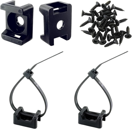 HS Saddle Type Cable Zip Tie Mounts Base Kit with Screw Hole,Set Strong 6 Inch Nylon Cable Ties and Screws Each 100 PCS,Wire Clips Anchor Management Fastener for Baseborad,Wall or Desk,Black