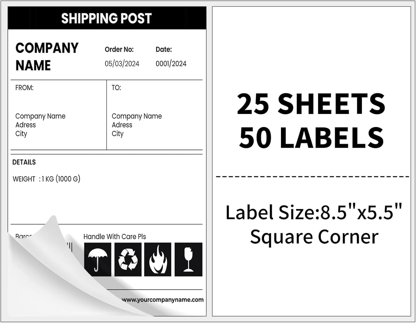 25 Sheets 50Labels Half Sheet Self Adhesive Shipping Labels for Laser Inkjet Printers, 8.5Inch x 5.5Inch(2-up)