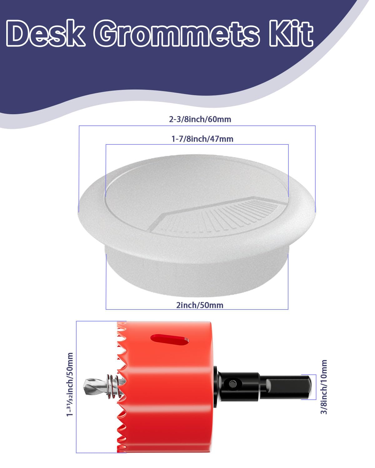 Desk Grommet 2 inch (50 mm) 10 Pack - White ABS Plastic Cable Hole Cover with Hole Cutter for TV, Office, and Home Table - Hide Wires Behind Wall, TV Wall Cable Pass Through