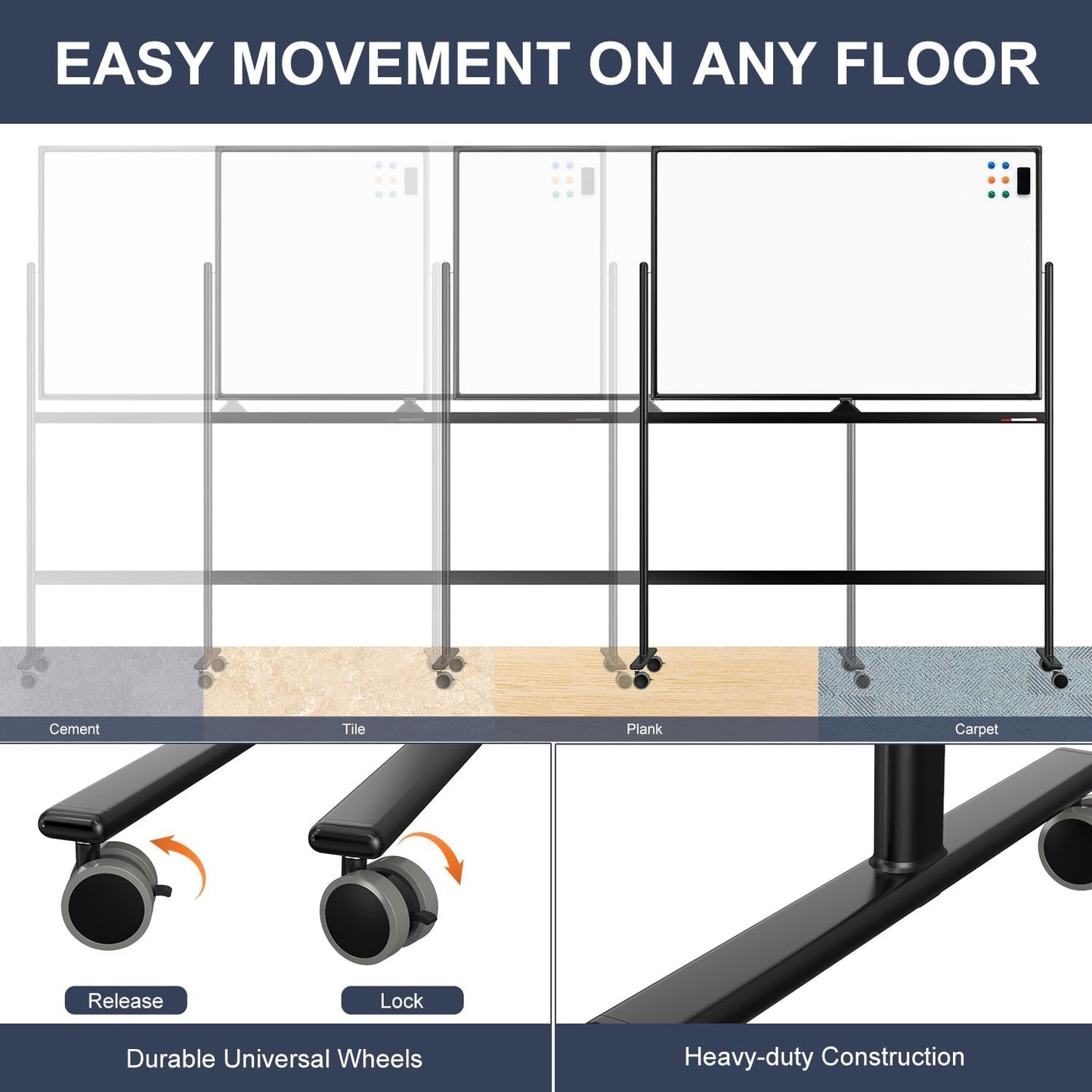 Dry Erase Whiteboard Easel on Wheels - TANKEE 48" x 32" Large Double Sided Mobile Whiteboard, Reversible Magnetic Rolling White Board for Home Office Classroom, Flip Chart Holders and Paper Pad