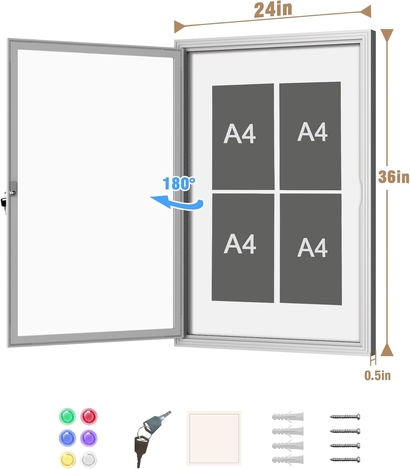 36"x24" Enclosed Bulletin Board, Outdoor Lockable Weather-Resistant Aluminum Noticeboard for School & Office, Silver Frame w/Magnetic Board