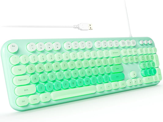 MOFII Backlit Keyboard Wired, Retro Typewriter Computer Keyboard with Numeric Keypad and Media, Cute Full Size USB Keyboard for Windows, Laptop, Desktop, PC (Green Colorful)