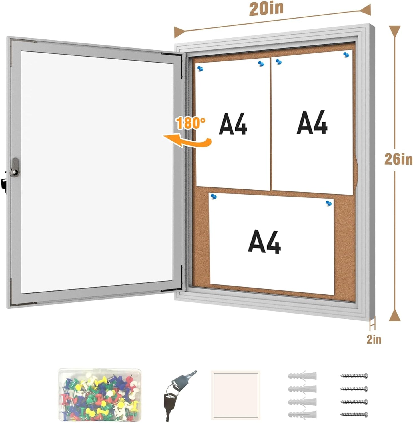 26"x20" Enclosed Bulletin Board, Outdoor Lockable Weather-Resistant Aluminum Cork Noticeboard for School & Office, Silver Frame w/Cork