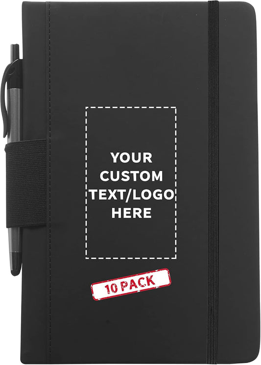 DISCOUNT PROMOS 10 Executive Notebooks with Pen Pack - Customizable Text, Logo - 6 x 8.5 inches, Recycled, Pen Loop, Closure Strap - Black