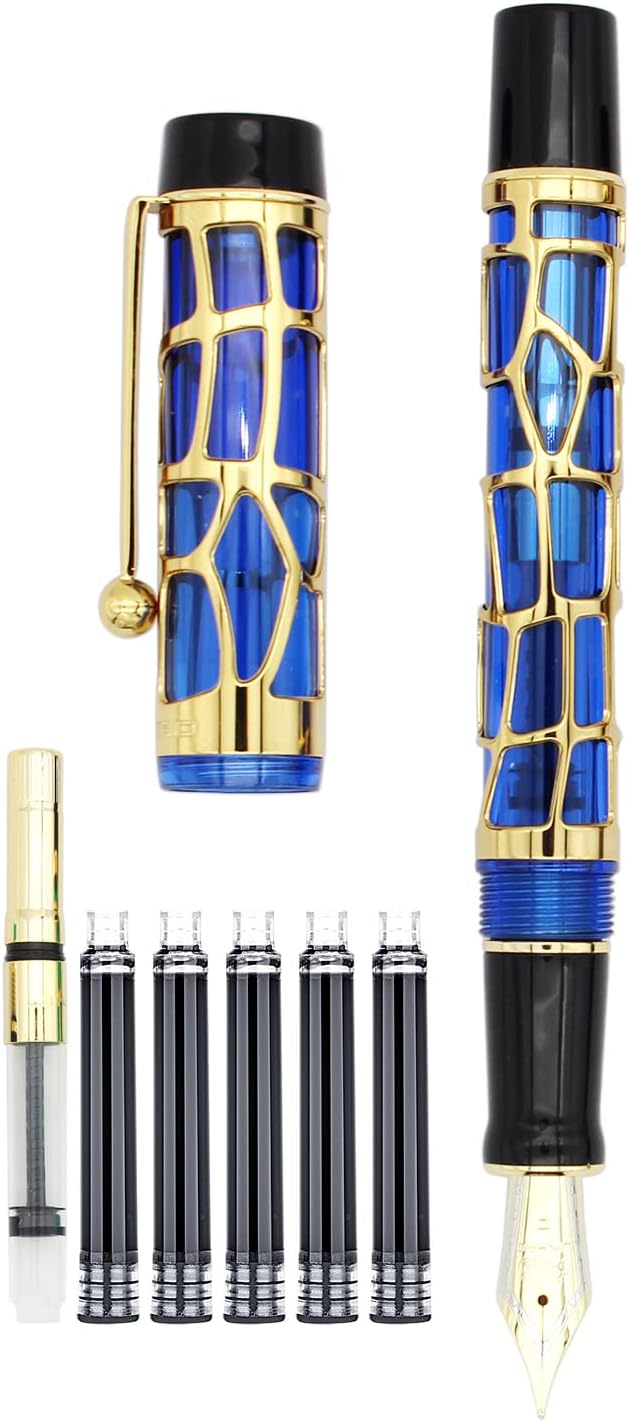 Gullor Century 100 Fountain Pen, Skeleton Hollow-out Series Golden, Screw-Cap, Fine Nib, Transparent Blue
