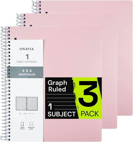 Spiral Notebook for School 3 Pack, 1 Subject, 4x4 Graph Ruled Paper, 100 Sheets, 9" x 11", 1 Divider with Pocket, 3 Hole Punched, Plastic Cover, 1/4" Grid Graphing Note Book Bulk, Light Pink
