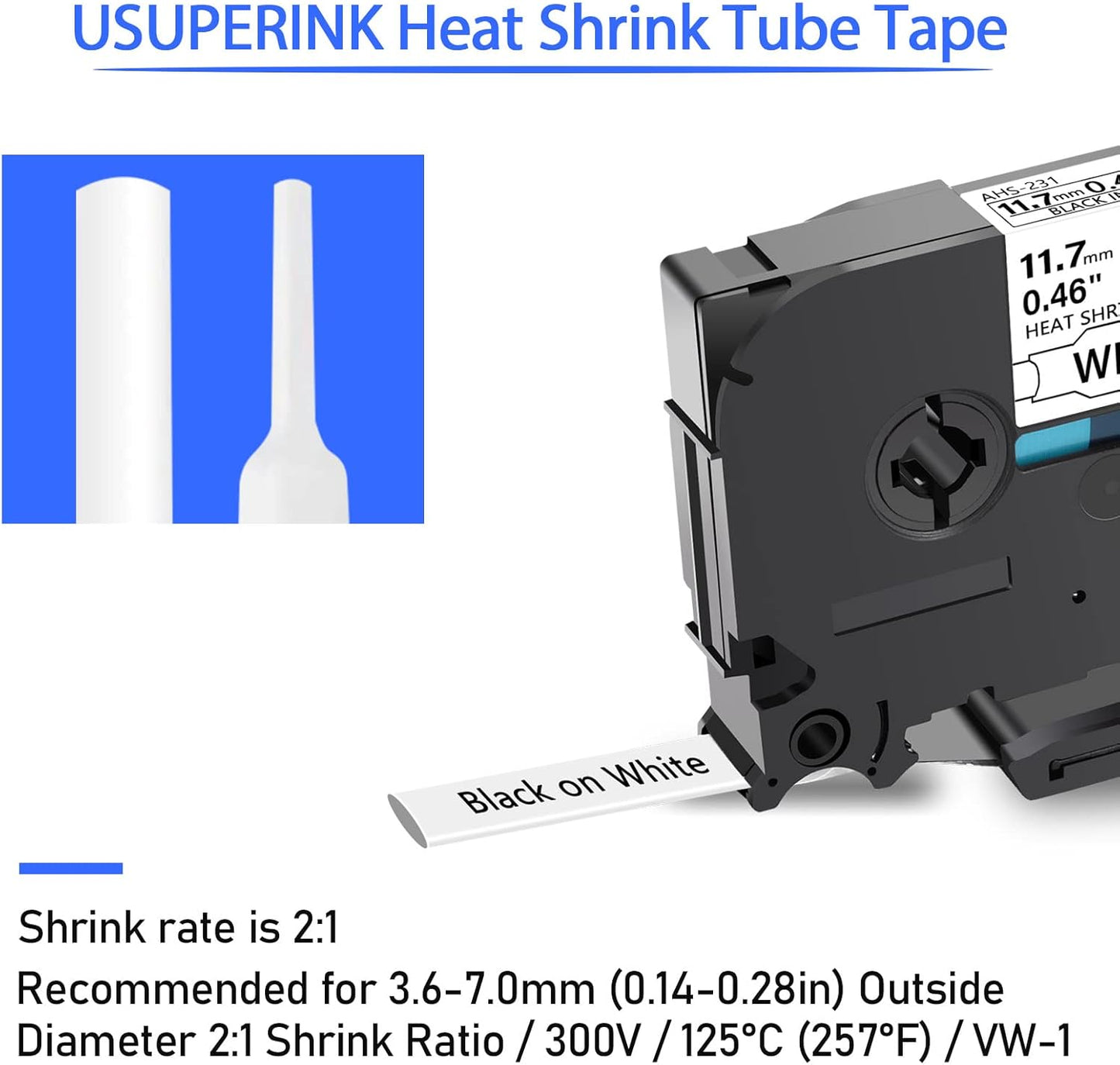 SuperInk 5 Pack Compatible for Brother Ptouch HSe-231 HSe231 HS-231 HS231 0.46 1/2'' 11.7mm Black on White Heat Shrink Tube Label Tape use in PT-D210 PT-D400 PT-E300 PT-E500 PT-P750WVP Label Maker
