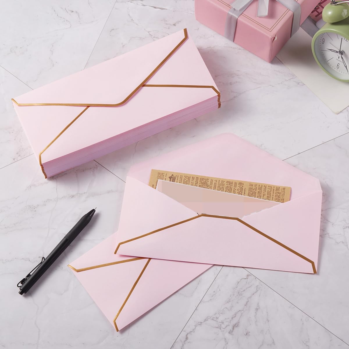 30 Pack Thick #10 Business Envelopes with Gold Border, 4 1/8 x 9 1/2 Thick Paper Standard Envelopes with Stickers for Office, Checks, Letter Mailing, Invoices (Light Pink)