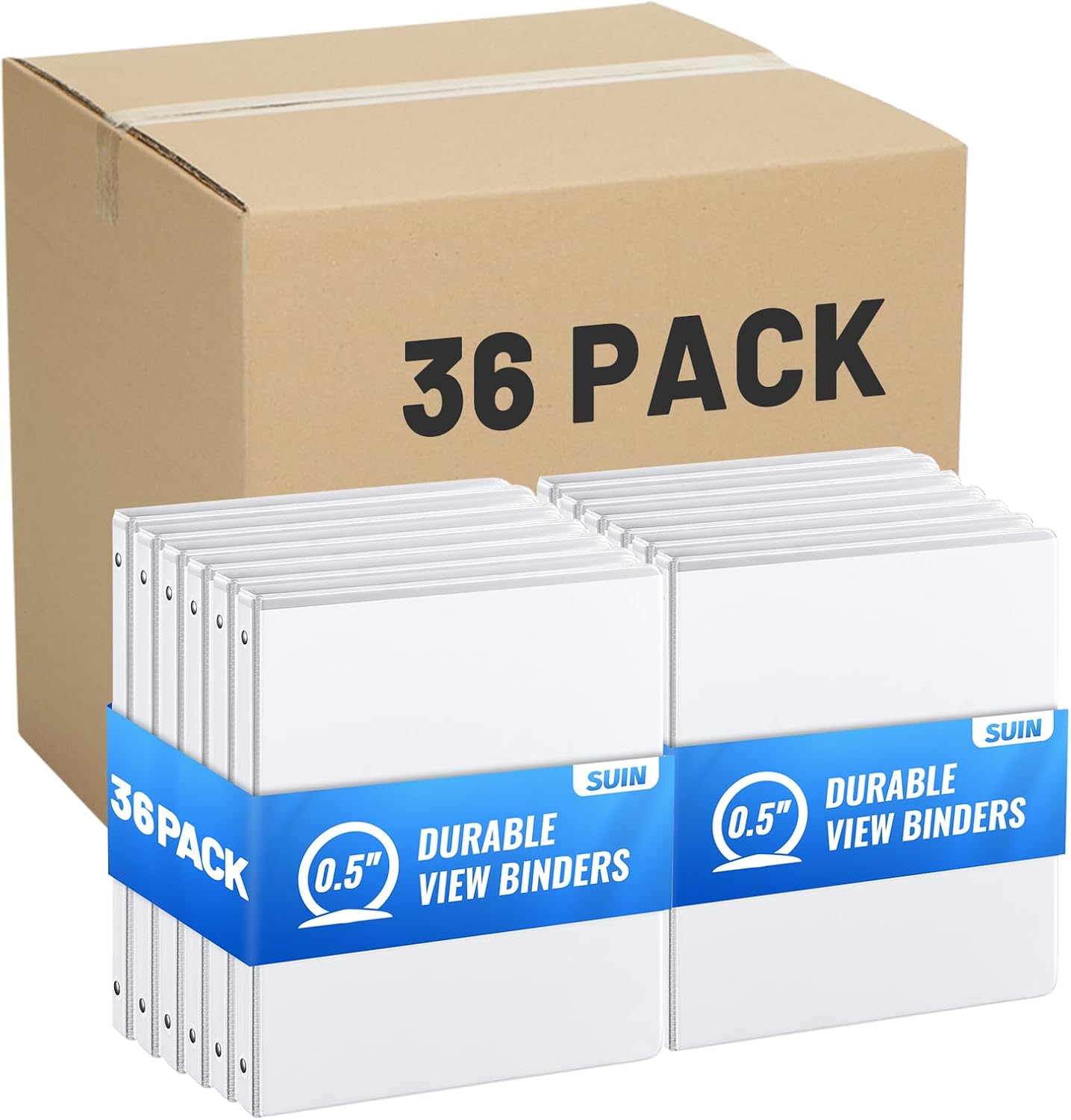 Basic 3 Ring Binder -1 or 1/2'' Binders with Roung Ring Binder, Large 100/200 Sheet Capacity, Fit 8.5" x 11" US Letter Size Paper, 12 Pack White (0.5'' White - 36 Packs)