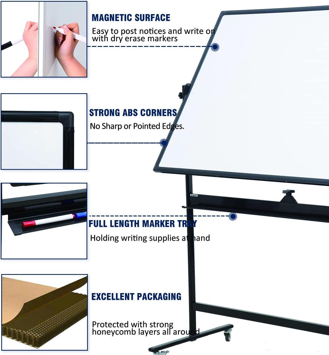 72" x 48" Double-Sided Mobile Whiteboard with Stand, Extra Large Rolling Magnetic Dry Erase Board, Reversible Black Frame Whiteboard for Office, Classroom, Heavy-Duty Presentation Easel