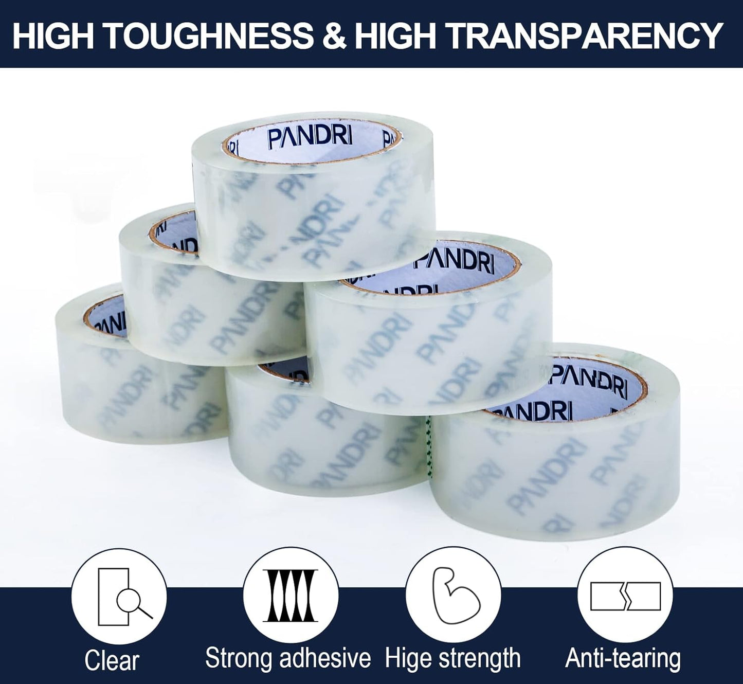 PANDRI Packing Tape, 12 Rolls Heavy Duty Clear Packaging Tape for Shipping Packaging Moving Sealing, 2 inches Wide, 65 Yards Per Roll, Total 780 Yards
