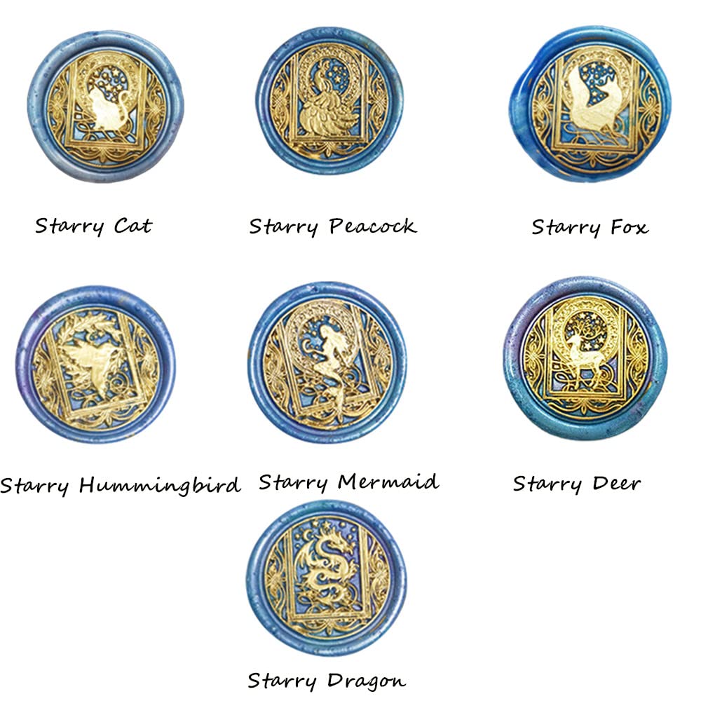 Animal Wax Seal Stamp Set with 7 Removable Brass Heads and 1 Wooden Handle - Dragon, Mermaid, Peacock, Cat Designs for Wedding Invitation Envelopes