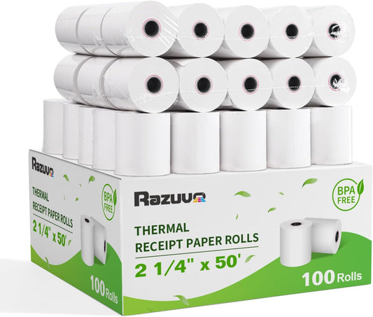 (100 Rolls) 2 1/4 x 50 Thermal Receipt Paper, White BPA-Free, Compatible with POS, Credit Card Terminals and Most Register Machines
