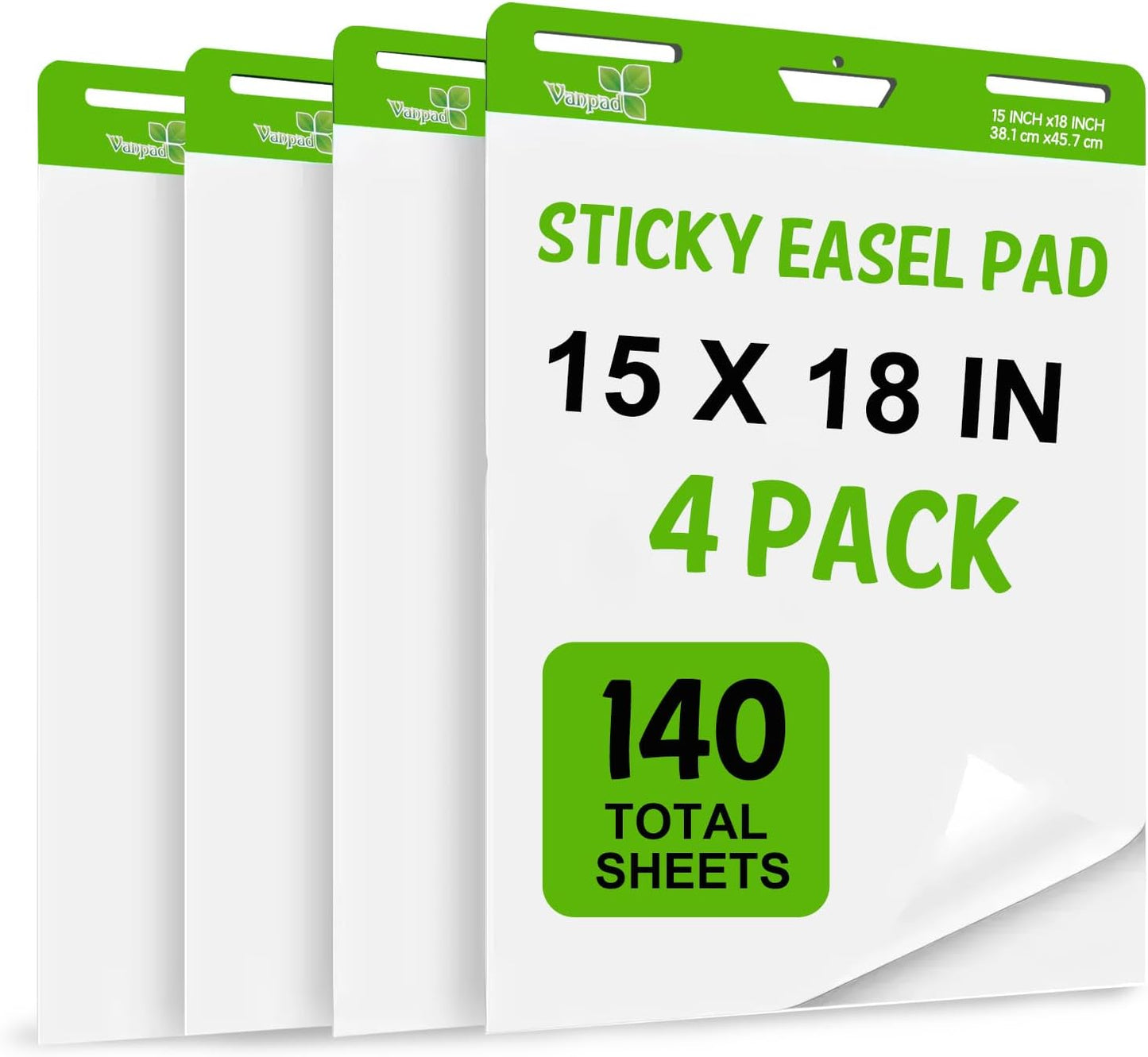 Sticky Easel Pad 15 in x 18 in, 35 Sheets/Pad, 4 Pads/Pack, 140 Sheets， Large White Sticky Easel Paper for Office and Classrooms, Flip Chart Paper for Teachers，Super Sticking Power & Bleed-Resistant