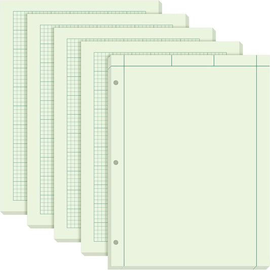 Seajan 5 Pcs Engineering Paper Notebook Engineering Computation Pad 8.5 x 11 Inches Engineer Graph Paper Notepad, 5 Squares Per Inch 3 Hole Punched Computation Pad, 100 Sheets/pack (Green)