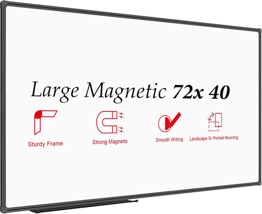 JILoffice Large Magnetic White Board, Dry Erase Board 72 x 40 Inch, Black Aluminum Frame with Detachable Marker Tray, Wall Mounted Board for Office Home and School