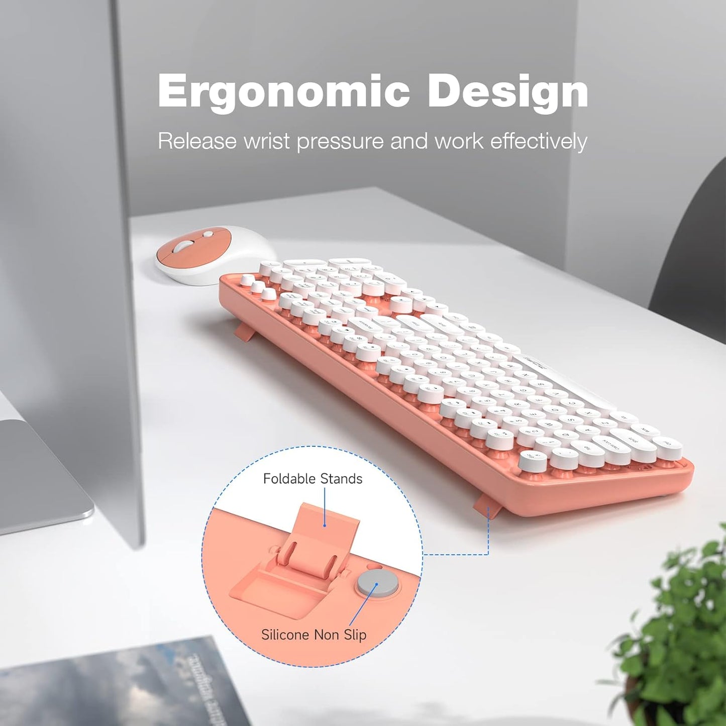 MOFII Wireless Keyboard and Mouse Combo, Computer Full Size 2.4G Plug and Play Wireless Typewriter Retro Round Keyboard and Mouse Set for Windows, Computer, Desktop, PC, Notebook - (Light Orange)